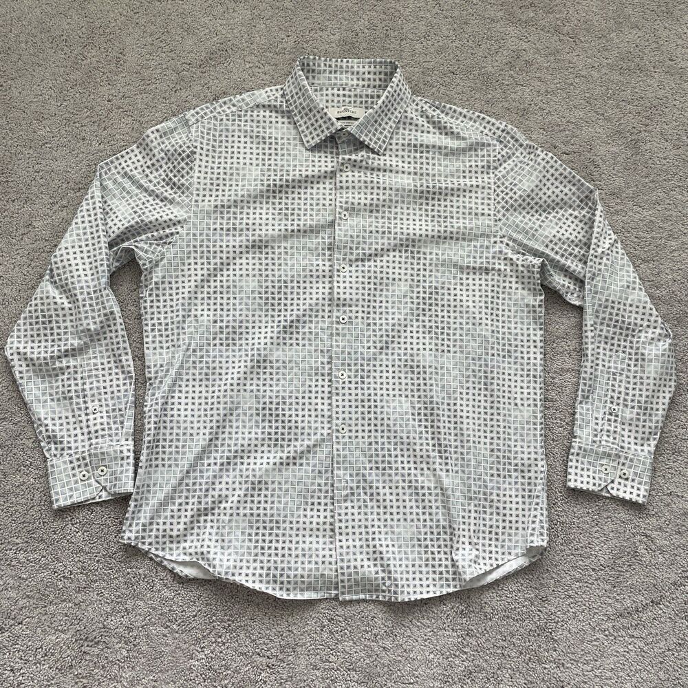 Bugatchi Shirt Mens XL Geometric Button Up 8 Way Stretch Long Sleeve White Gray